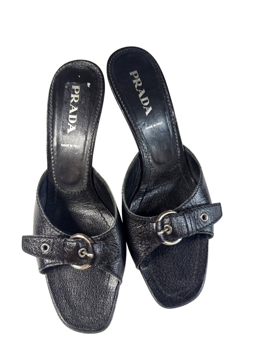 Prada Black Leather Heeled Sandals With Silver Buckle Accents Size 37.5